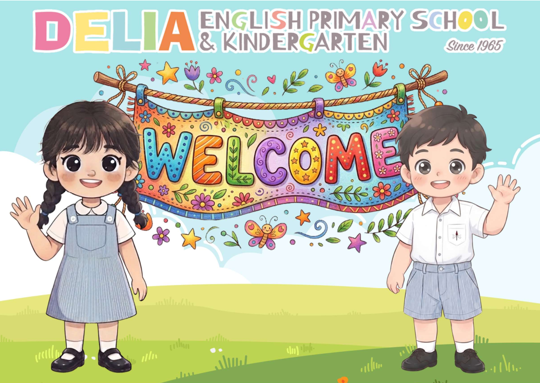 Two illustrated children waving beside a Delia English Primary School and Kindergarten Welcome banner
